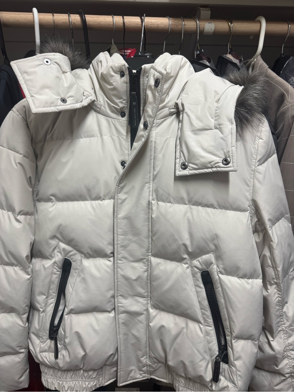 Cream Quilted Puffer Jacket with Faux-Fur Trim Hood